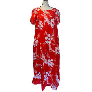 Vintage Hilo Hattie The Hawaiian Original Red Floral Hibiscus Maxi Dress - L